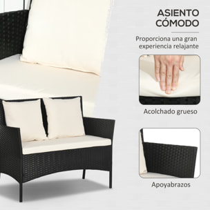 Outsunny Conjunto de Jardín de Ratán Sintético Juego de 4 Piezas Muebles de Jardín con 2 Sillones 1 Sofá de 2 Plazas 1 Mesa de Centro con Tablero de Vidrio y Cojines Negro y Crema