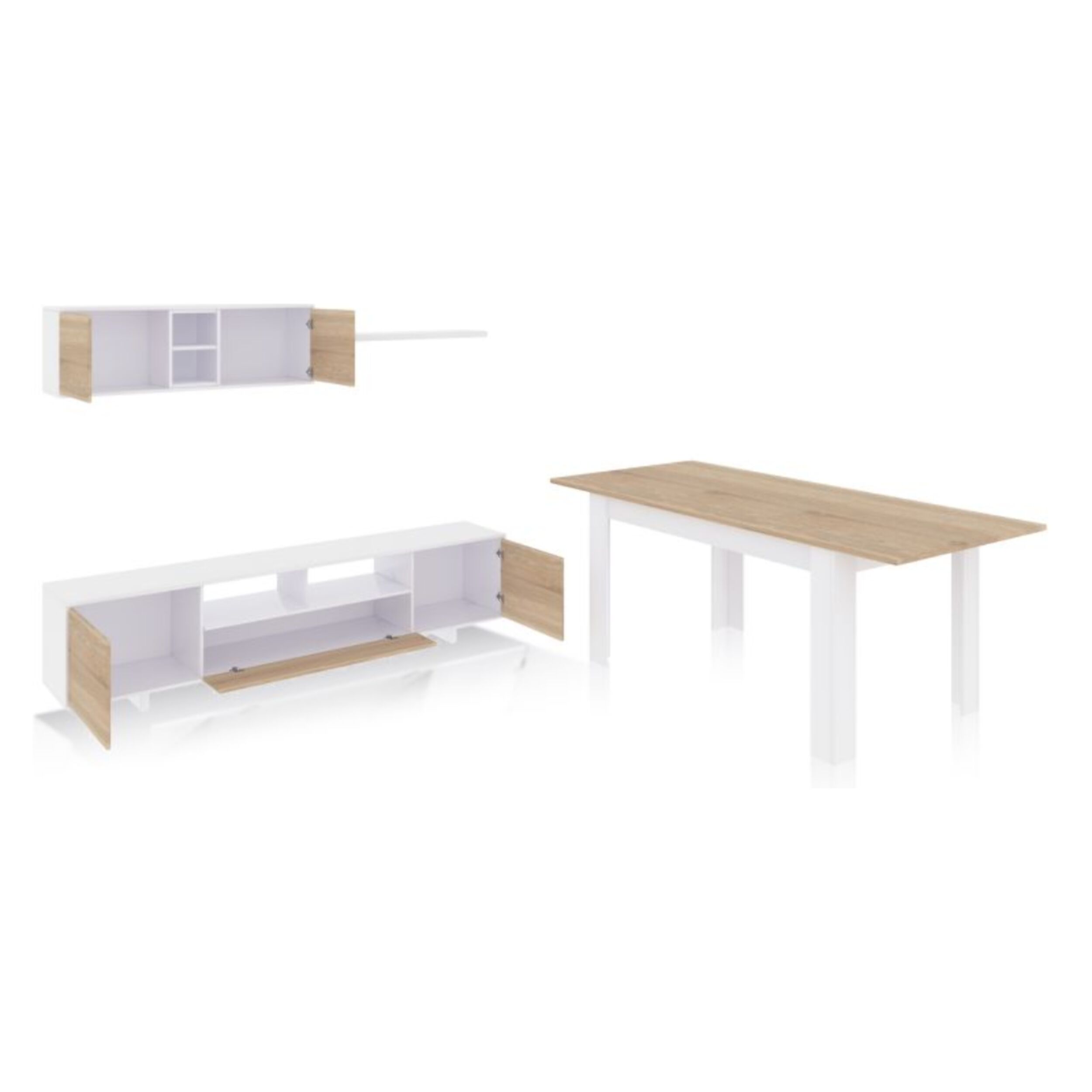 Pack salón con mesa de comedor Kenzo Plus VA Blanco Artik (Blanco Mate) - Roble Canadian