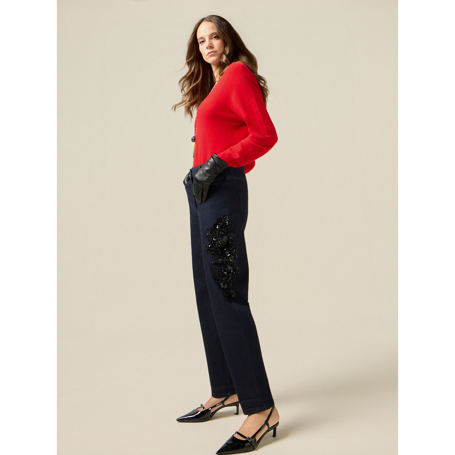 Oltre - Jeans blu rinse con patch decorativo - Blu