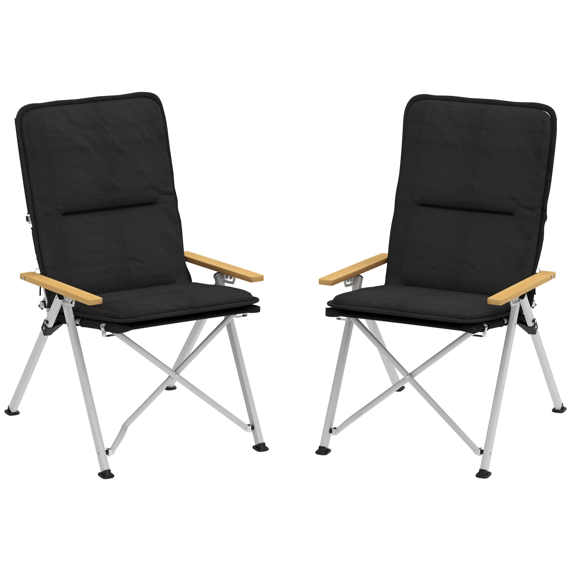 2 Sillas de Camping Plegables de Aluminio Sillas de Jardín Portátiles con Respaldo Alto Ajustable Reposabrazos de Madera y Bolsa de Transporte para Exterior 59x67x96 cm Negro