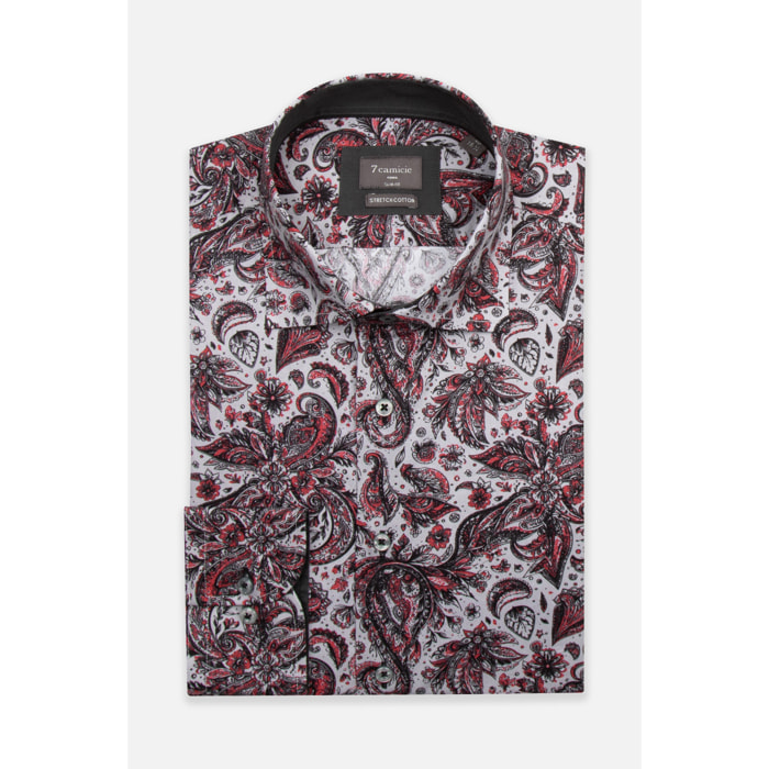 Camicia Uomo 1 Bottone Francese Slim Popeline Stretch Stampato Grigio Chiaro e Rosso