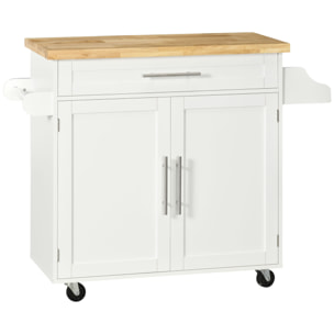 Isla de Cocina con Ruedas, Carro de Cocina con Cajón, 2 Puertas, Especiero, Barra para Paños y Estante Ajustable, para Comedor, 109x40x89 cm, Blanco