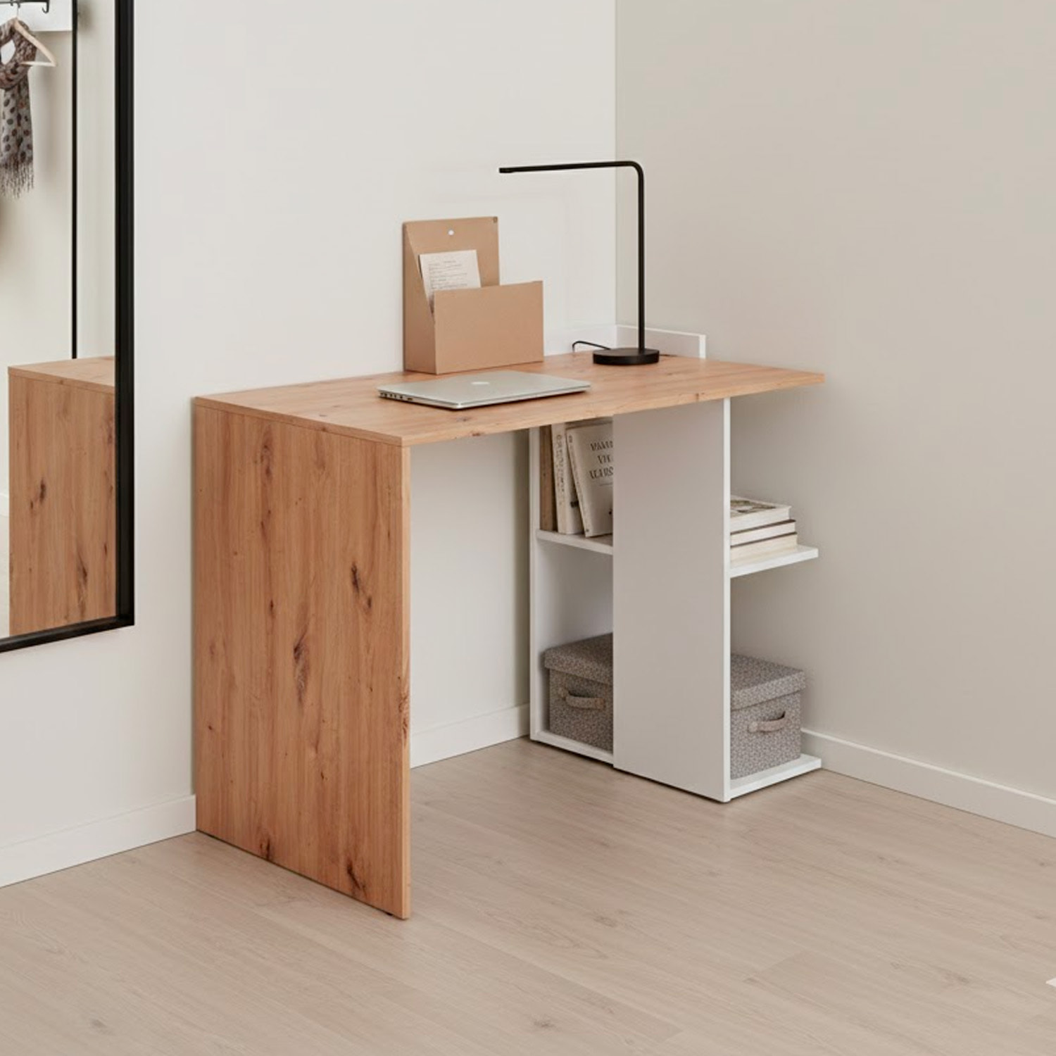 Scrivania Moderna Reversibile Con Vani Laterali A Giorno Mobile Desk Per PC Studio Home Office Struttura Resistente 100 x 52 x 78 Cm Bianco E Rovere