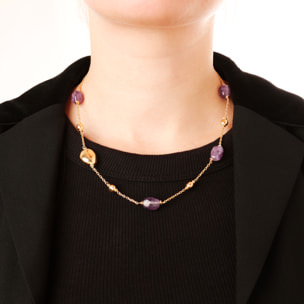 Collana Catena Rolo con Bead in Argento 925 placcato Oro 18kt e Pietra Naturale Sfaccettata Ametista Viola