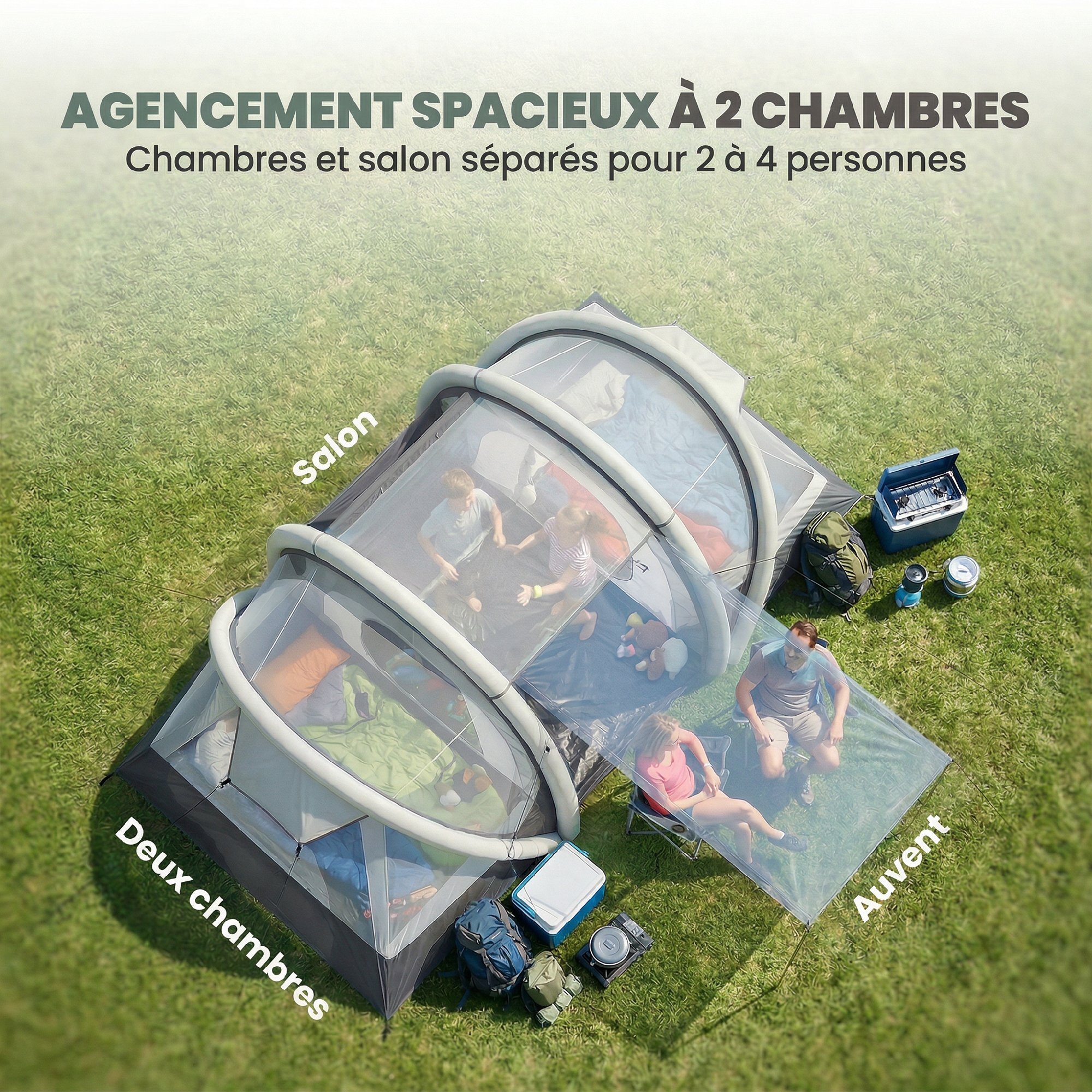 Tente gonflable camping 2-4 personnes 3 pièces auvent imperméabilité 3000mm crème taupe-gris