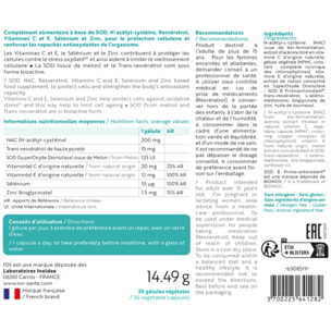 ISN - Supleox® Antioxydant - A base de Resvératrol, NAC, SOD, vitamines C & E - Aide à protéger les cellules contre le stress oxydatif - Cure 30 jours