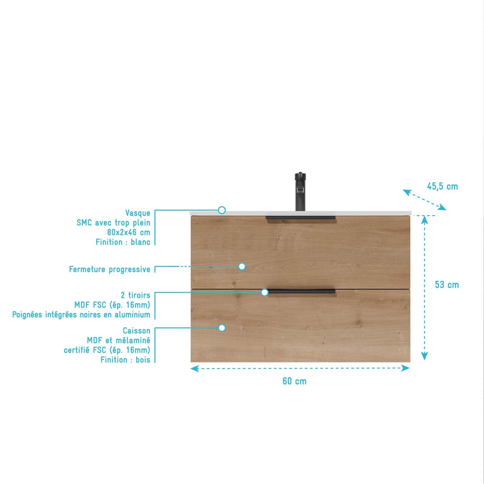Meuble de Salle de Bains 60cm Suspendu Decor Bois Clair 2 Tiroirs - Vasque Blanche - ELEMENTARY