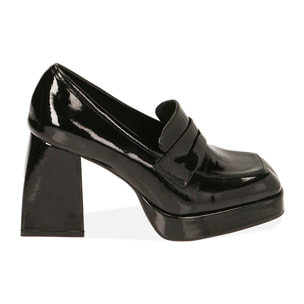 Mocasines negros con plataforma en naplack, tacón 9 cm