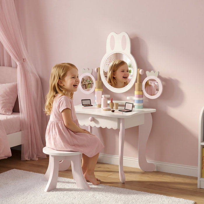 Tocador para Niñas, Tocador de Maquillaje Niñas con Taburete, Espejos Giratorios, Cajón, 6 Accesorios, Bandejas Laterales, Juguete para +3 Años, Rosa