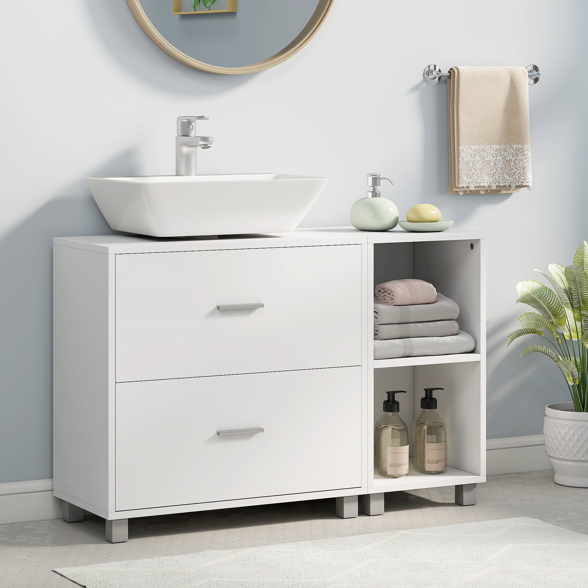 Mueble Bajo Lavabo, Mueble de Baño con 2 Cajones y 2 Estantes Abiertos, Estilo Moderno, para Lavabo con Pedestal, 90x30x60 cm, Blanco