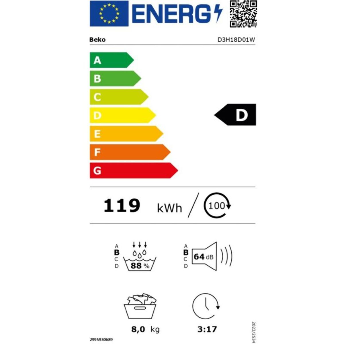 Sèche linge pompe à chaleur BEKO D3H18D01W