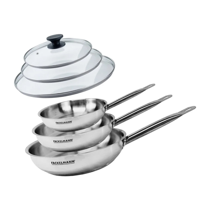 Set de 3 poêles 20 24 et 28 cm en inox et 3 couvercles en verre Fackelmann Eterna