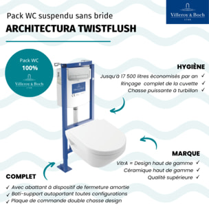 Pack WC suspendu sans bride Villeroy & Boch Architectura Twistflush [e³] rond + bâti-support ViConnect + plaque chrome mat