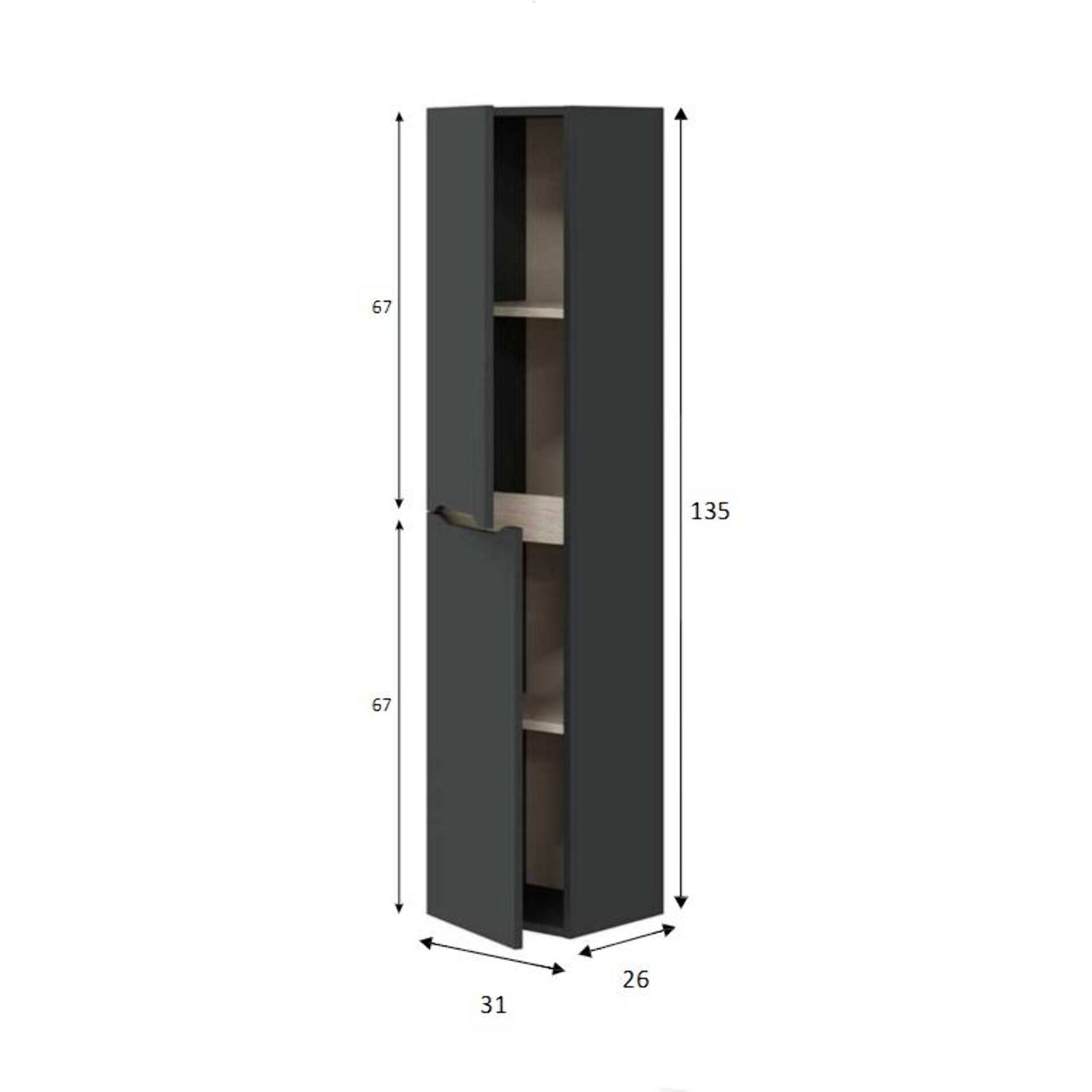 Mobile colonna Arissa, Pensile bagno sospeso a 2 ante, Armadio alto, 31x26h135 cm, Antracite e Rovere
