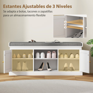 Banco Zapatero Mueble Zapatero Banco Recibidor Bohemio con Asiento Acolchado Puertas Frentes de Ratán Estante Abierto Estante Ajustable para 9 Pares de Zapatos para Entrada 105x35x47 cm Blanco