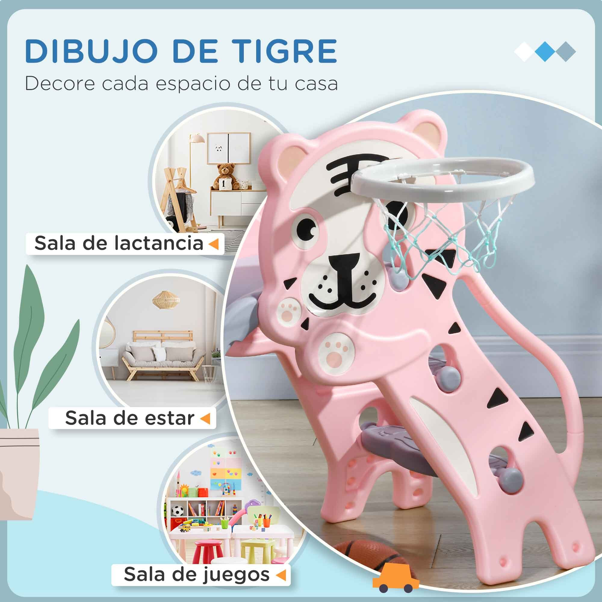 Tobogán Infantil 3 en 1 Tobogán para Niños de 18 a 36 Meses con 2 Escaleras 1 Canasta de Baloncesto y Patrón de Animal para Interior 133x60x70 cm Rosa y Gris
