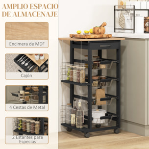 Carrito de Cocina con Ruedas Carrito Multiusos con Cajón 4 Cestas Extraíbles de Metal y Bastidores Laterales 47x37x83 cm Negro y Madera Natural