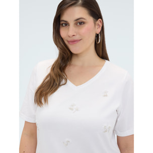 Fiorella Rubino - Camiseta de algodón con flores de cuentas - Blanco