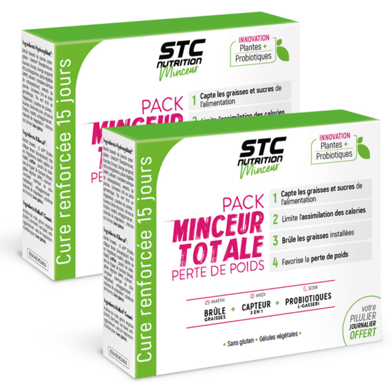 STC NUTRITION - Pack Minceur Totale - Cure Perte de Poids 3 en 1 - Brûle & Déstocke les graisses installées - Convient aux Vegan - Actifs Naturels - Sans Gluten - Pilulier offert - Lot de 2