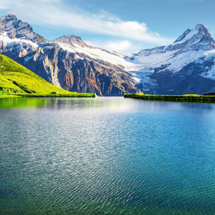 Tableau panoramique lac alpin turquoise et sommets enneigés été Toile imprimée