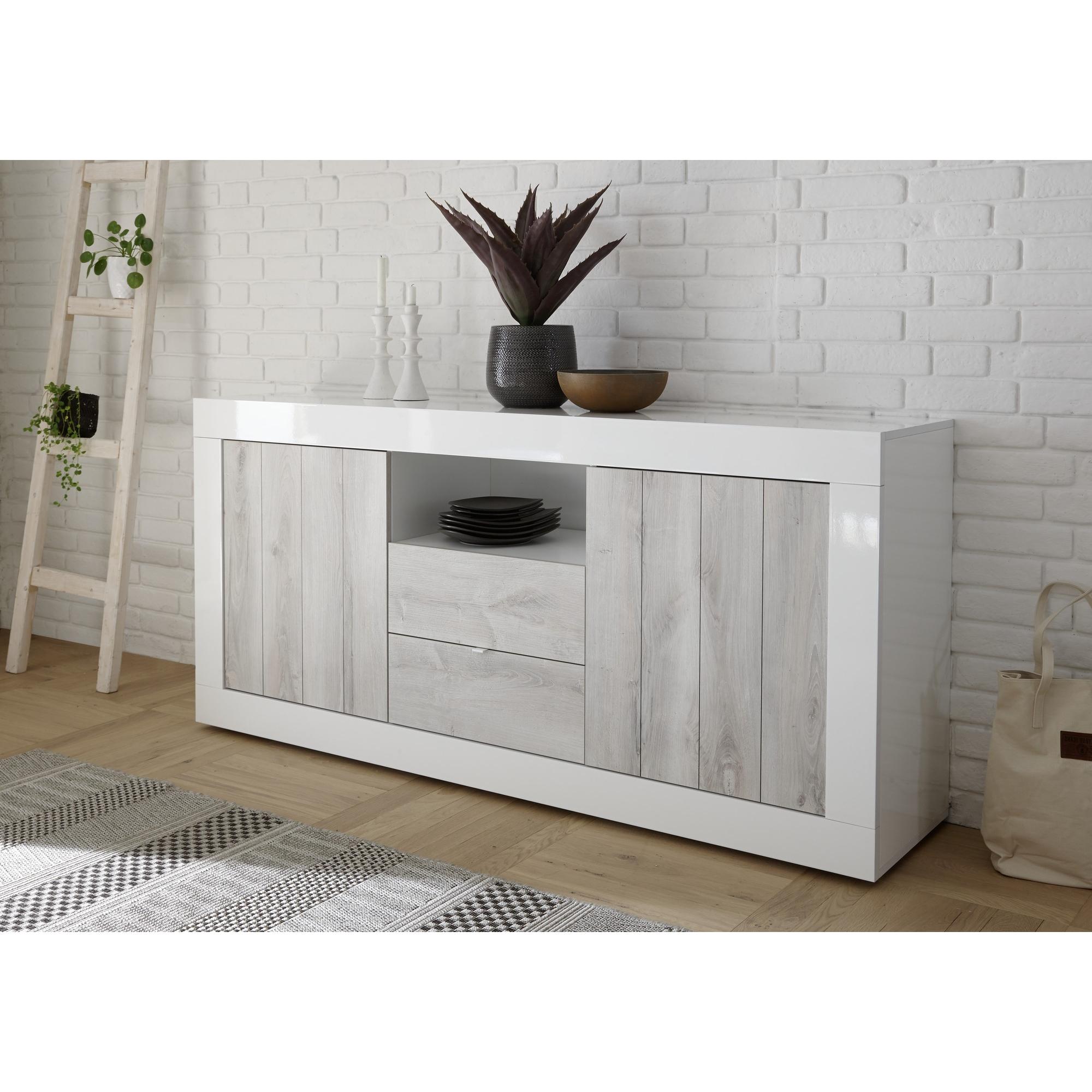 Credenza moderna a 2 ante e 2 cassetti, Made in Italy, Madia da cucina, Buffet di design da soggiorno, cm 184x42h86, colore Bianco lucido e Cemento