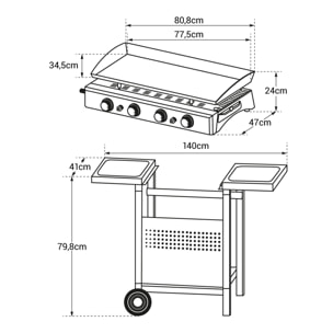 Plancha au gaz VALENCIA - 4 brûleurs 10kW + chariot