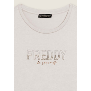 T-shirt donna con mini spacchi laterali e logo in strass