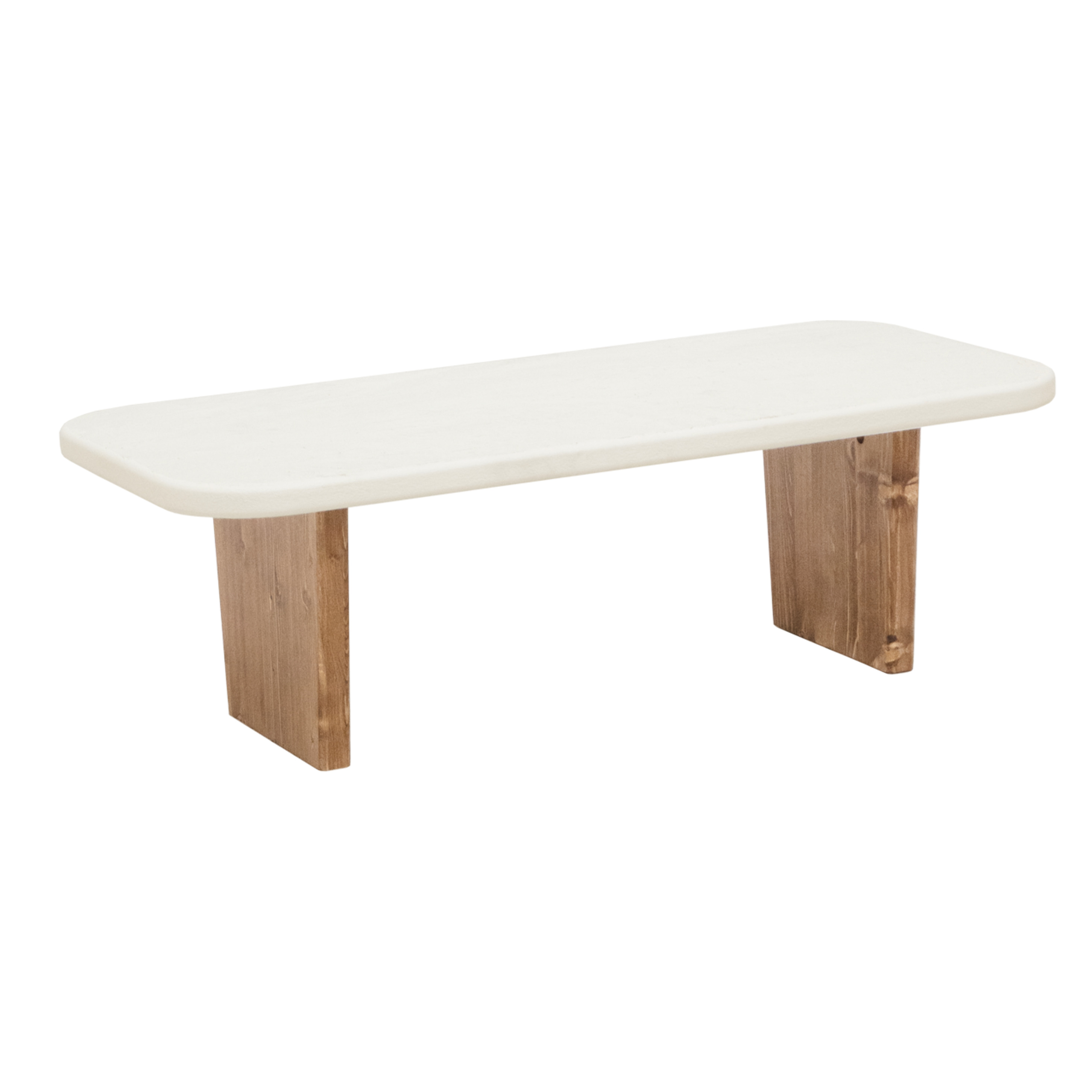 Mesa de centro de microcemento con dos patas de madera tono roble oscuro de 95cm Alto: 30 Largo: 95 Ancho: 45