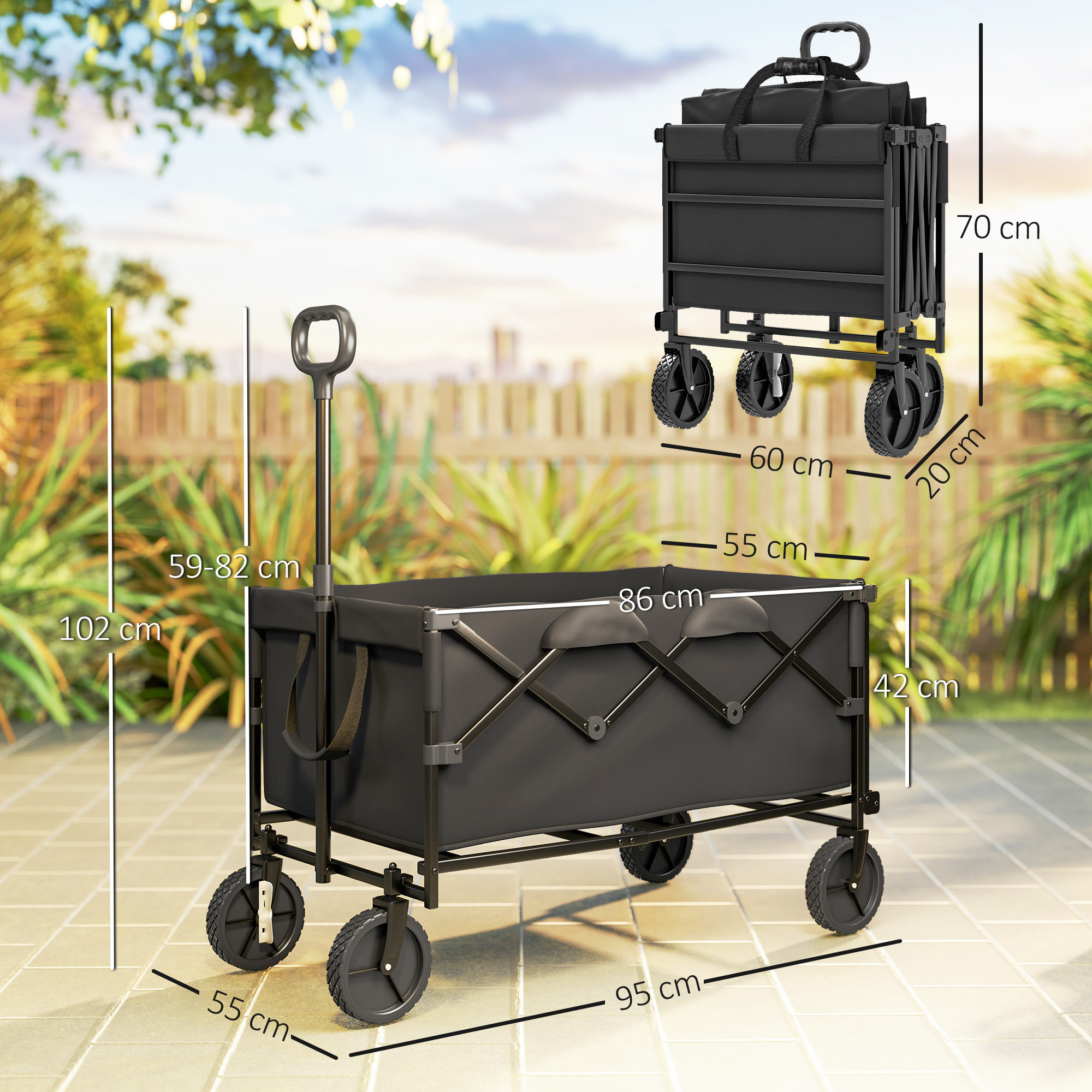 Carro Playa Ruedas Grandes Carro de Jardín Plegable con Mango Telescópico Ajustable Puerta Trasera Expandible Carga 100 kg Carrito Transporte para Todo Terreno Jardín Campaña Compra Negro