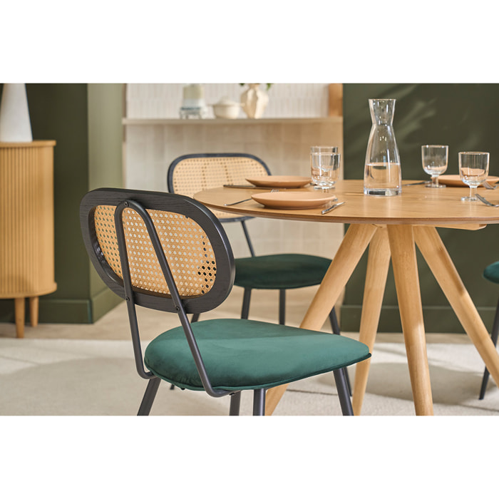 Chaises design en tissu velours vert foncé, métal noir et cannage rotin (lot de 2) SWANN