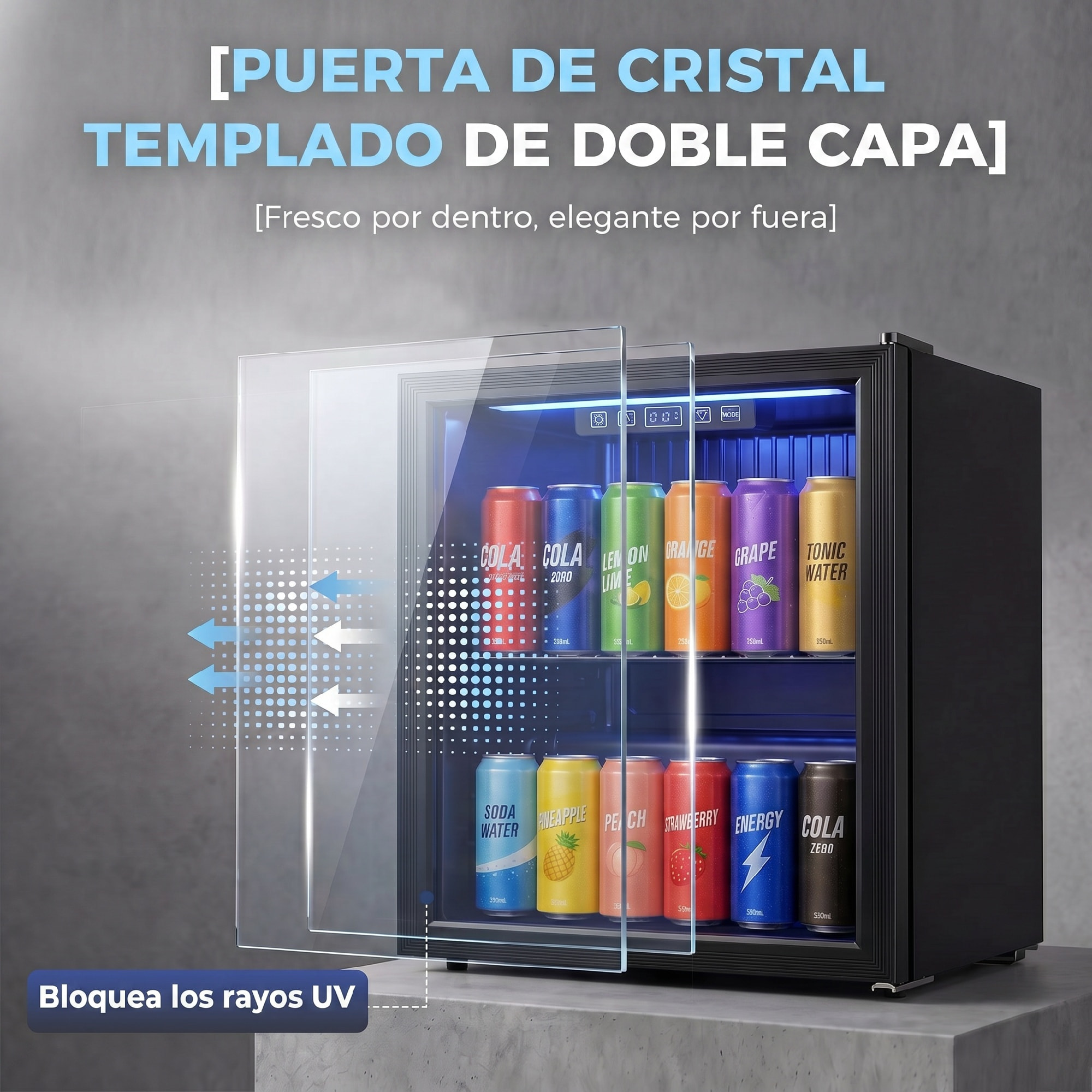 Frigorífico de Bebidas 50 L, Mini Nevera con Puerta de Vidrio Doble, Iluminación LED, Estante Ajustable, 2-18℃, para 48 Latas, Nevera Pequeña para Refrescos, Cerveza y Vino