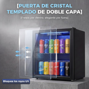 Frigorífico de Bebidas 50 L, Mini Nevera con Puerta de Vidrio Doble, Iluminación LED, Estante Ajustable, 2-18℃, para 48 Latas, Nevera Pequeña para Refrescos, Cerveza y Vino