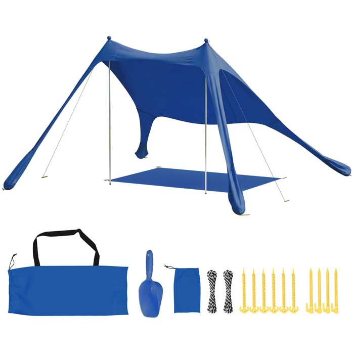 Carpa Playa Plegable 208x200 cm, Toldo Playa Portátil para 2-4 Personas con Esterilla, UPF50+, Postes de Aluminio, Pala, Estacas y Bolsa de Transporte Impermeable, para Camping, Pesca, Azul