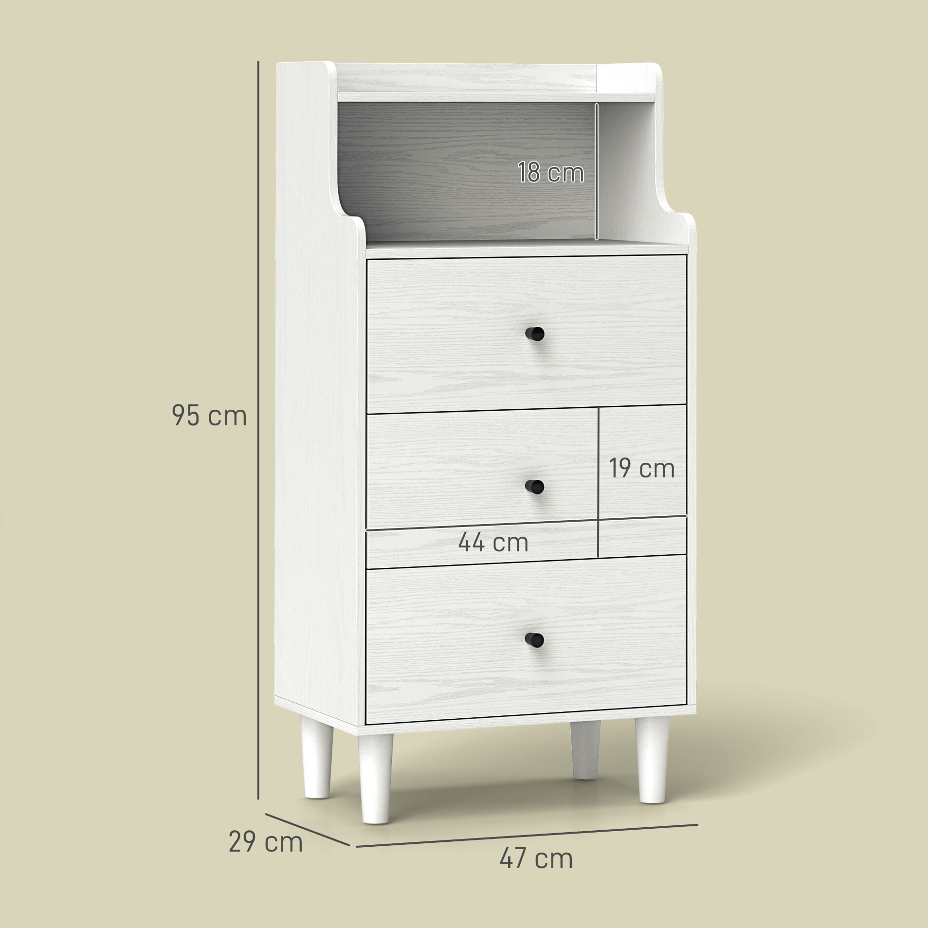 Cómoda con 3 Cajones Cómoda de Dormitorio Estrecha con Estantes Abiertos Anti-vuelco Cajonera Alta para Salón Pasillo 47x29x95 cm Blanco