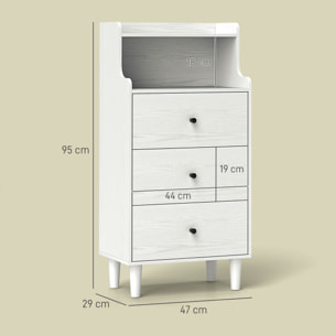 Cómoda con 3 Cajones Cómoda de Dormitorio Estrecha con Estantes Abiertos Anti-vuelco Cajonera Alta para Salón Pasillo 47x29x95 cm Blanco