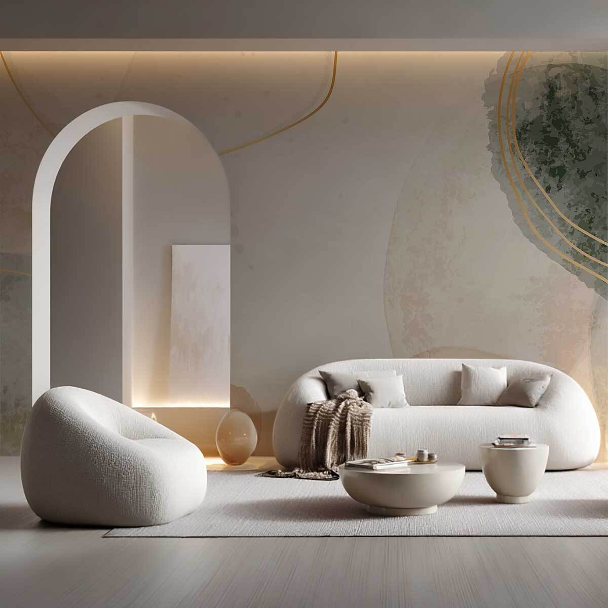 Papier peint formes organiques beige et vert sauge contemporain Intissé