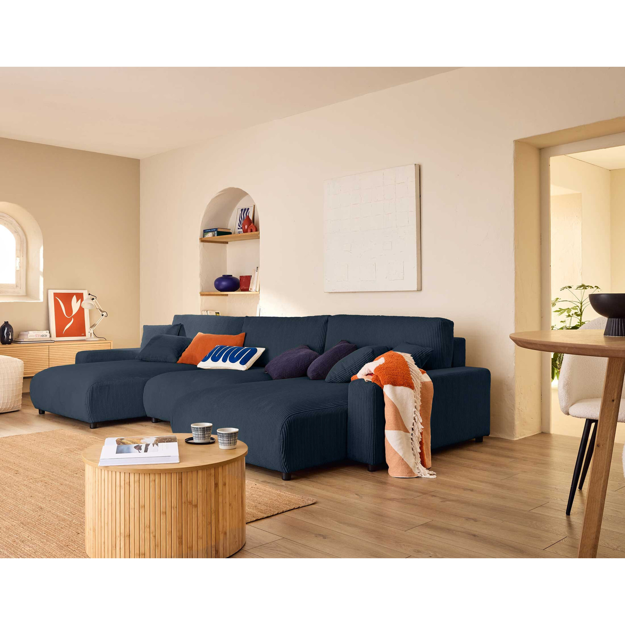 Pivoine - canapé panoramique en U - 7 places - convertible avec coffre - en velours côtelé - Bleu nuit