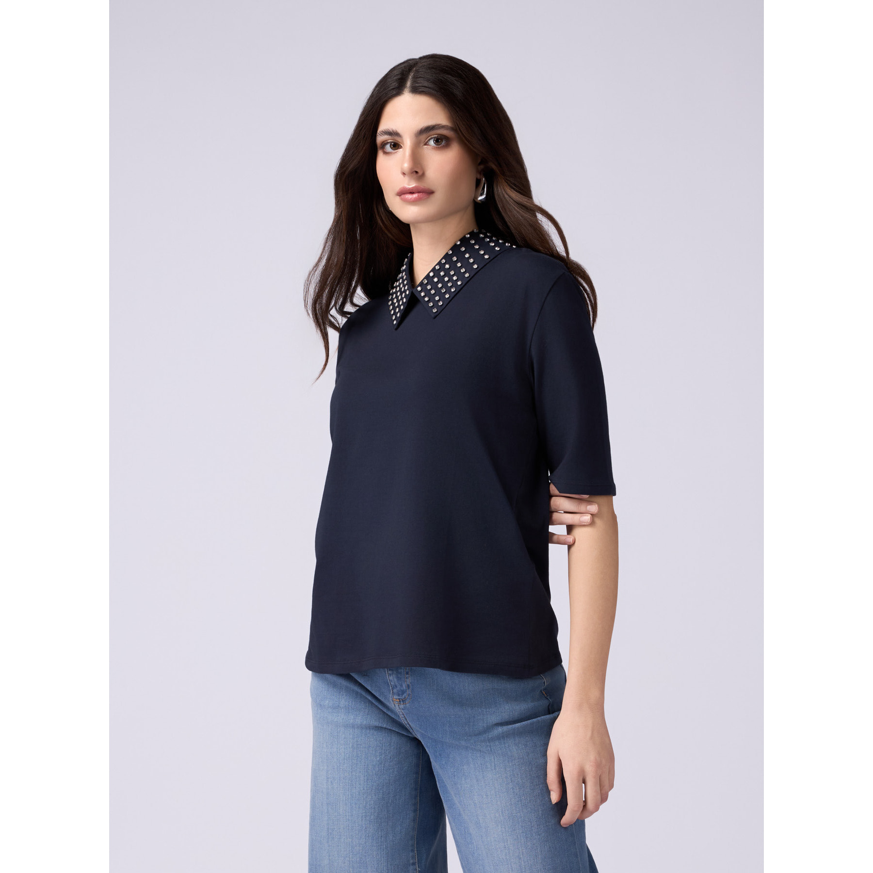 Oltre - T-shirt maniche corte con colletto gioiello - Blu
