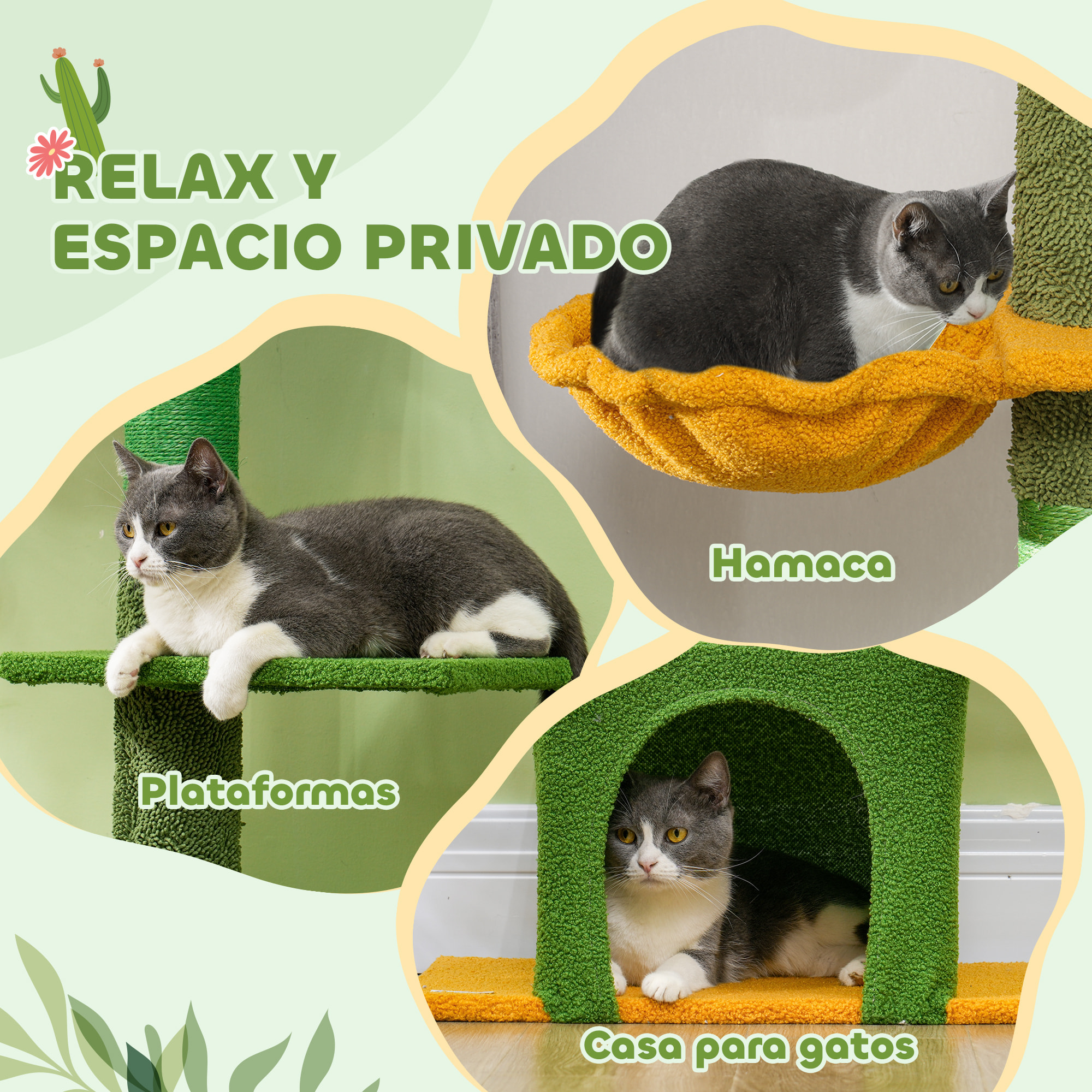 Árbol para Gatos de Suelo a Techo de 230-275 cm, Torre para Gatos con Altura Ajustable, Plataformas, Cueva, Hamaca, Postes de Sisal y Bola de Juguete, Verde