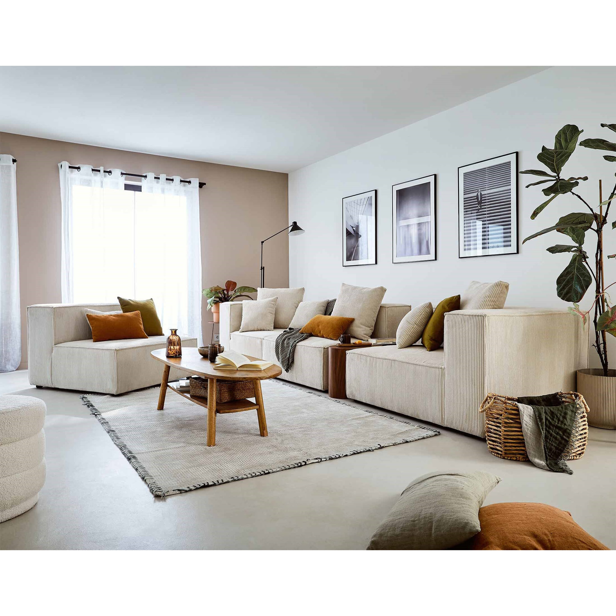 Colombine - canapé modulable d'angle gauche - 6 places - en velours côtelé - Beige