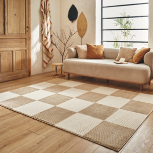 BIANCA - Tapis motif carreaux en relief crème et beige