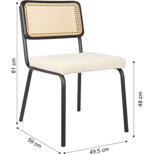 Lot de 2 chaises noires, cannage et velours côtelé - PAULA