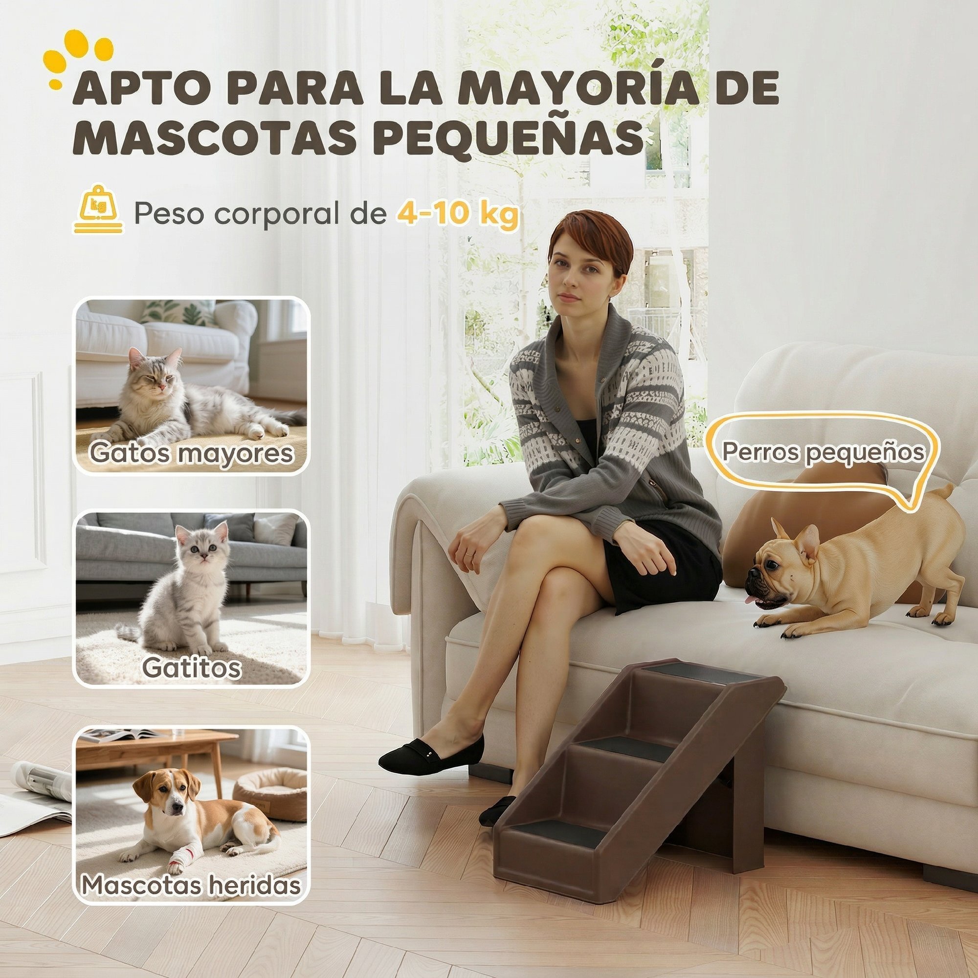 Escalera para Perros Plegable de 3 Peldaños, Portátil, Escalera para Mascotas Mayores, Perros Pequeños, Gatos, para Cama, Sofá, 53x30,5x36,5 cm, Marrón