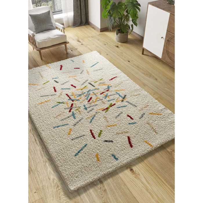 BREMEN Alfombra shaggy geométrica en blanco y motivos multicolor, varias medidas disponibles