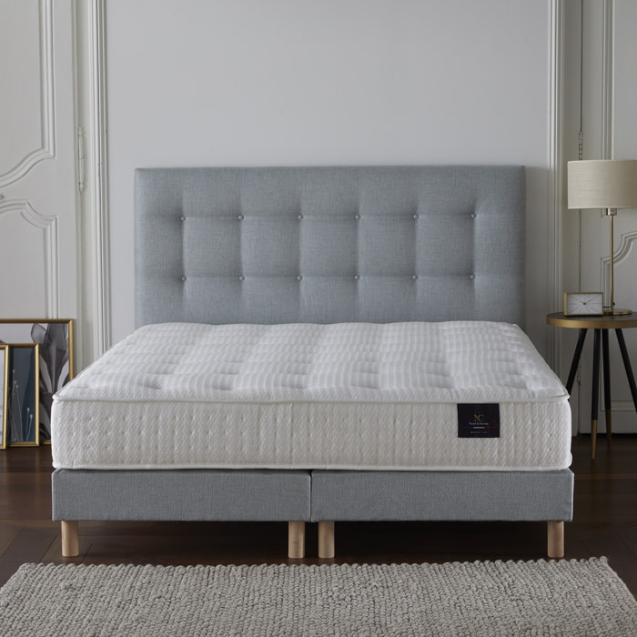 Ensemble Pulsar + tête de lit capitonnée - Matelas ressorts ensachés Mémoire de forme - Sommier Bleu Ciel