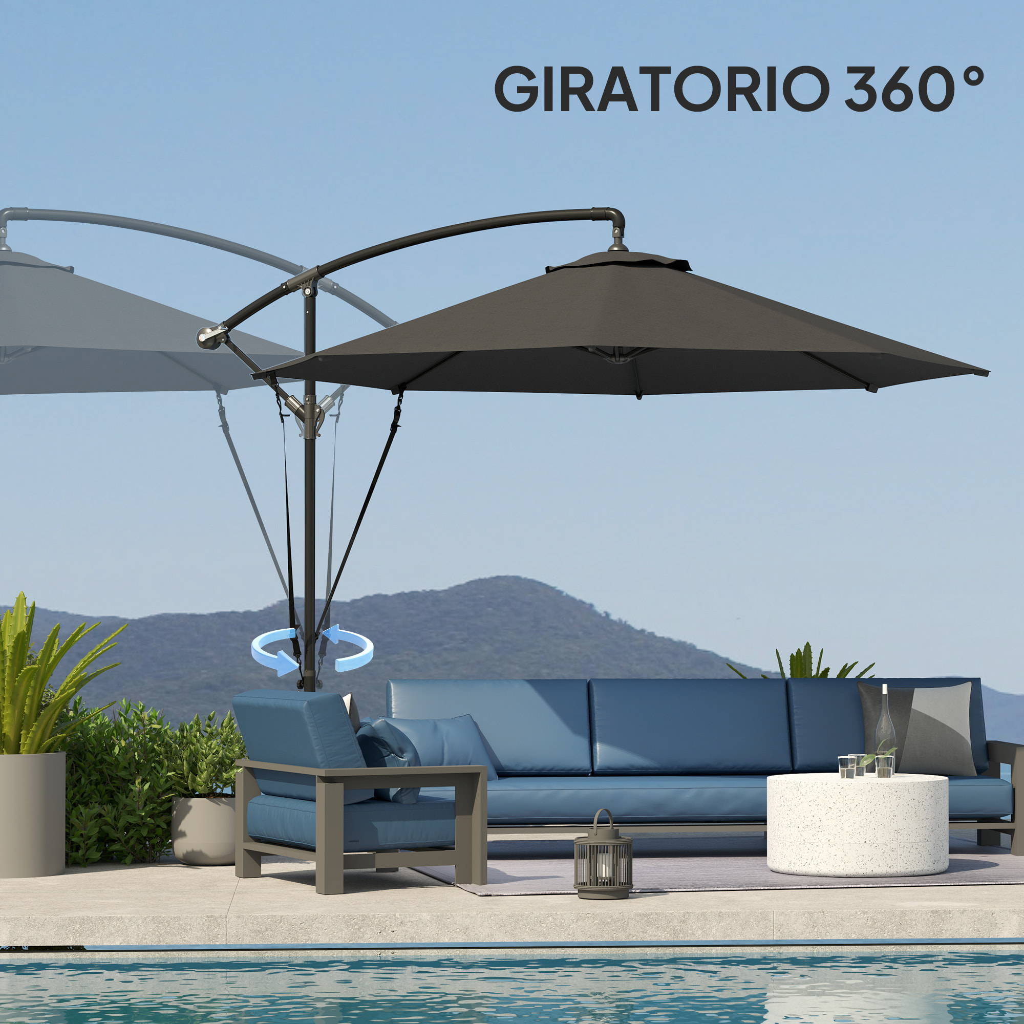 Parasol Excéntrico Ø 290 cm Sombrilla de Jardín con Base Cruzada Manivela Funda para Sombrilla y Cuerda de Viento Anti-UV 50+ Sombrilla para Terraza Patio Gris Oscuro