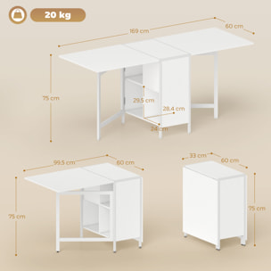 Mesa Plegable de Comedor, Mesa de Cocina Plegable, con Alas Abatibles, 4 Compartimentos, 3 Formas, Hasta 4 Personas, para Salón, Espacio Pequeño, 169x60x75 cm, Blanco