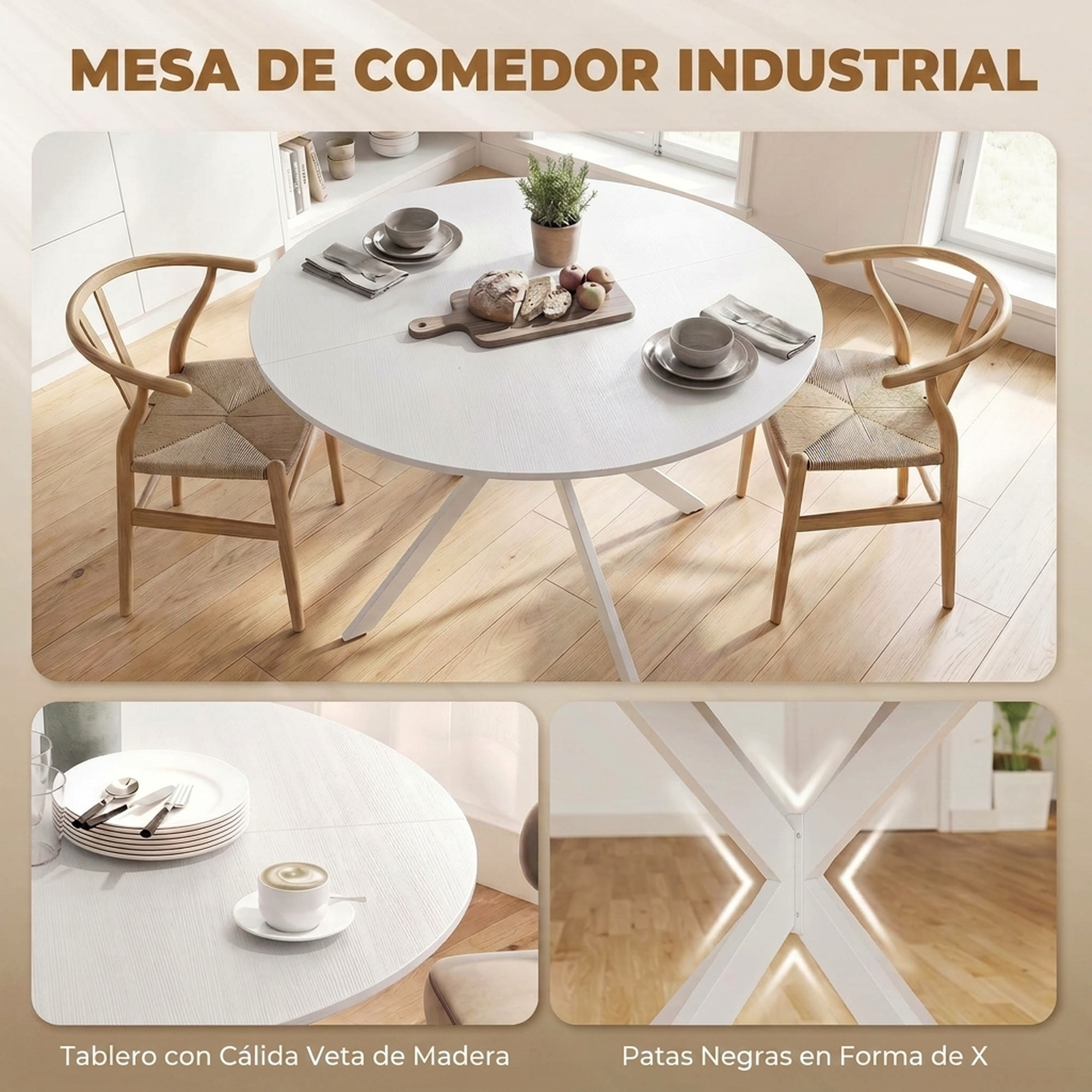 HOMCOM Mesa de Comedor Redonda para 4 Personas, Ø120x75 cm, Mesa de Cocina Industrial con Estructura de Acero, Blanco