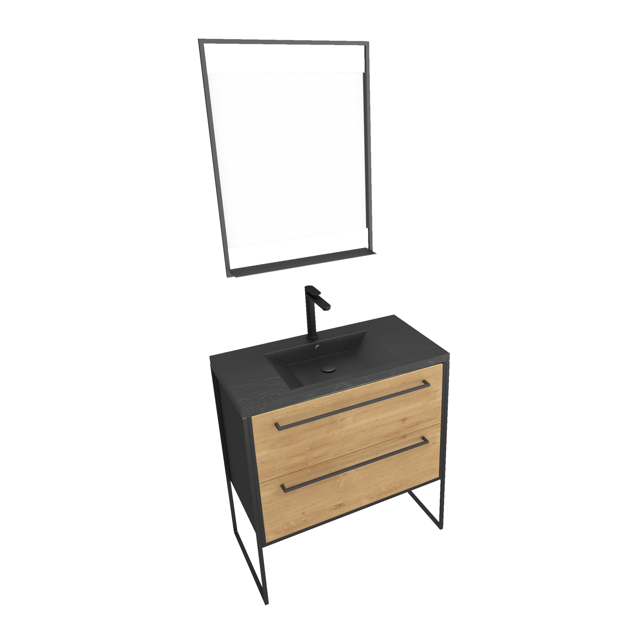 Pack meuble de salle de bain 80x50 cm Noir MAT - 2 tiroirs - vasque noir effet pierre - miroir LED