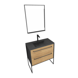 Pack meuble de salle de bain 80x50 cm Noir MAT - 2 tiroirs - vasque noir effet pierre - miroir LED